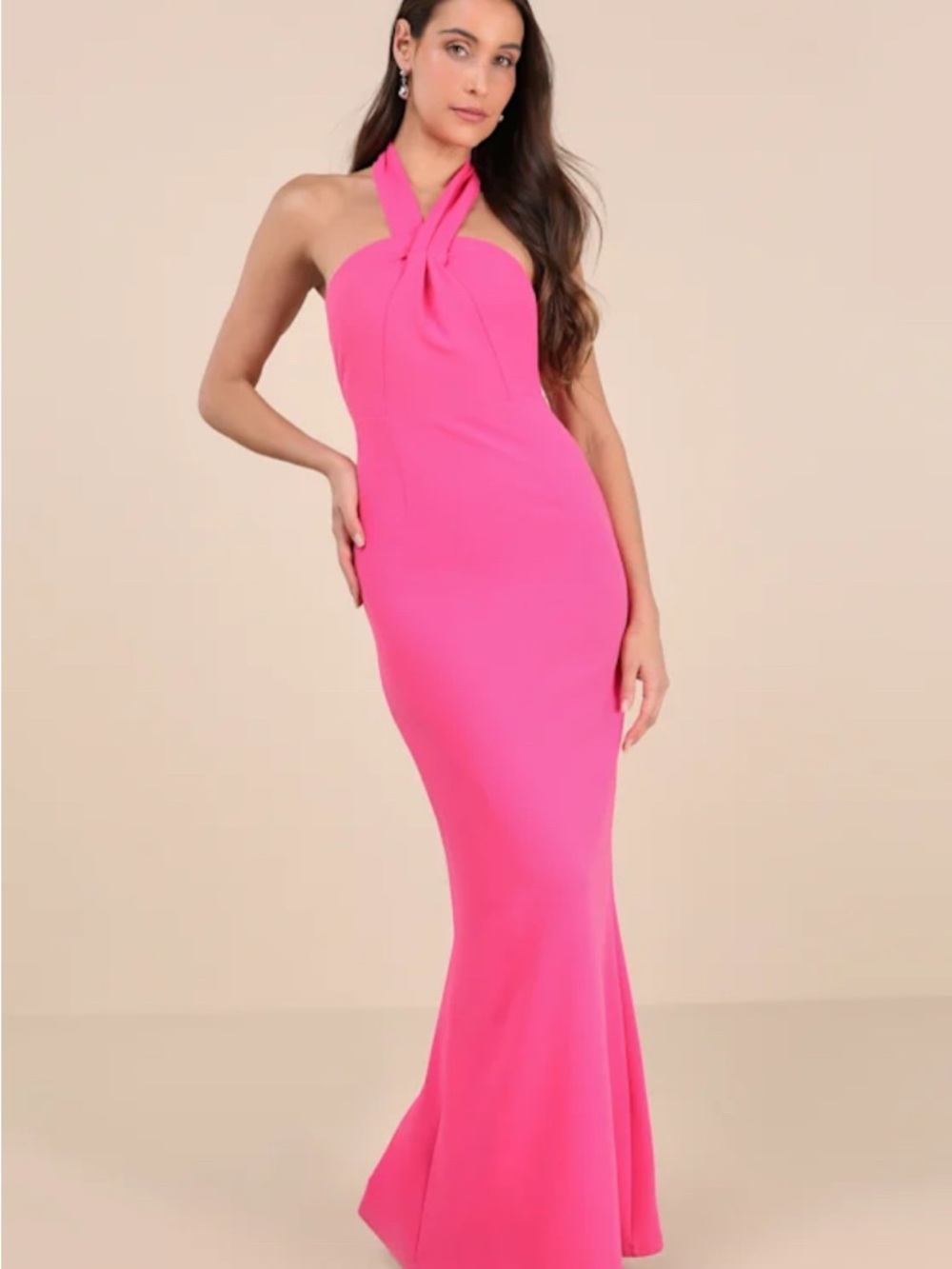 Lulus NWT size L Mesmerizing Perfection Pink Halter Neck Backless Maxi Dress